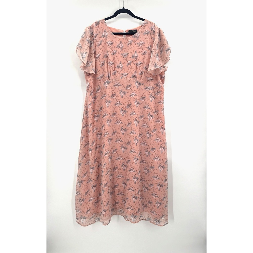 Suzanne Betro Pink Floral Flutter Sleeve Empire Waist Maxi Dress 3X Lined Flowy